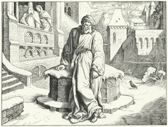 O Sacro Imperador Romano-Germânico Henrique IV, no pátio do Castelo de Canossa, na Itália, disfarçado de penitente para implorar o perdão do Papa Gregório VII, 1077
